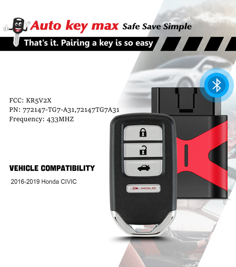 Simple Key Programmable Keyfob, Car Key Fob OBD Programmer Kit Replacement for 2016 - 2019 Honda Civic Remote Key KR5V2X SKU:  KPRO+H4RCH5RA-1